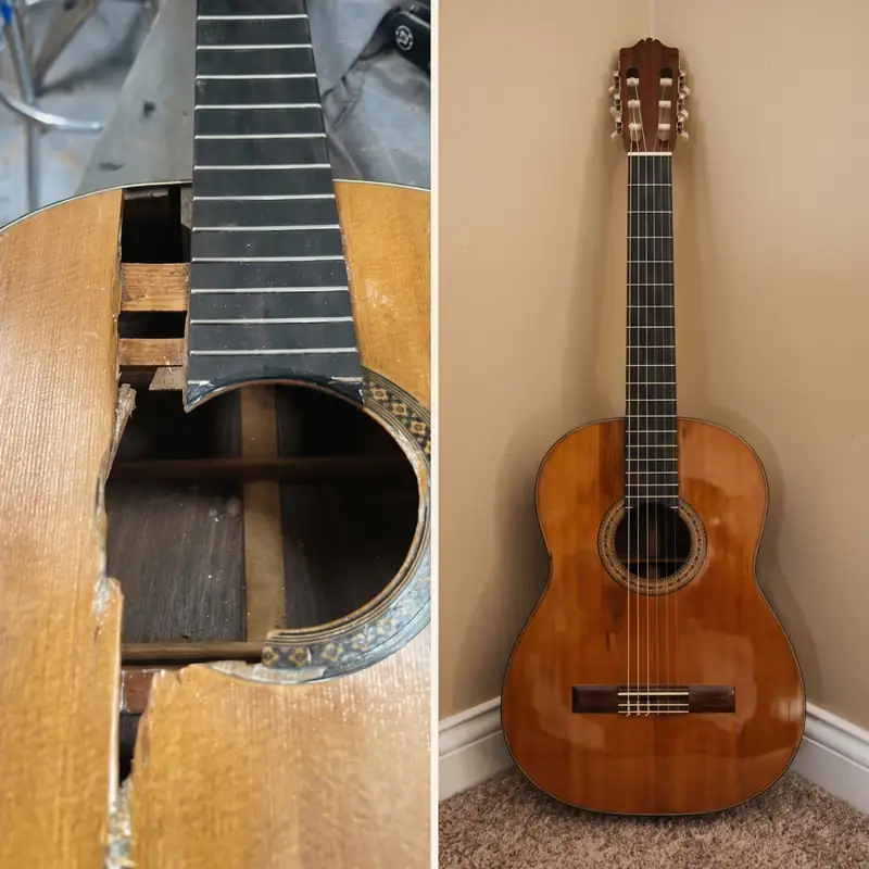 Guitar repair before and after: a classical guitar with a broken top, and the same guitar repaired